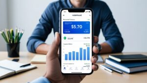  A young adult holding a smartphone displaying a personal finance or investing app, like Robinhood. The phone screen shows stock market charts, cryptocurrency portfolios, or account balances. The background could feature a clean and organized desk with financial tools such as notebooks, pens, and a few reference books. A peaceful room with minimal distractions emphasizes the focus on personal finance and investing. 